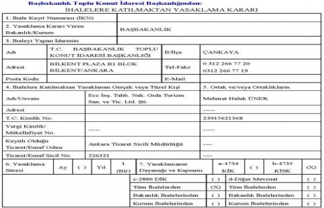 TOKİ den Ece İnşaat a 1 yıl ihale yasağı!