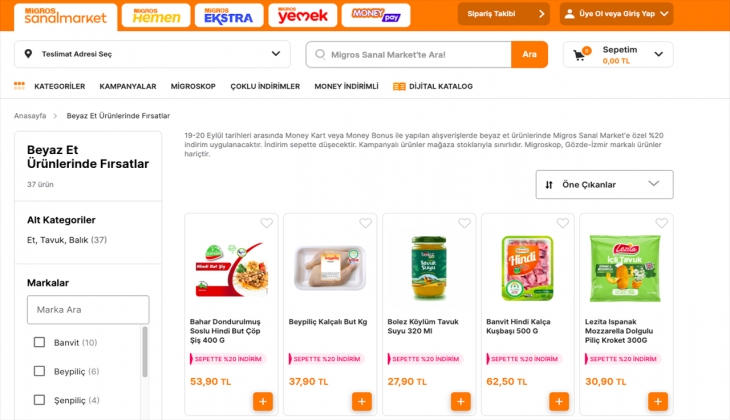Migros Sanal Markette 19-20 Eylül'de Beyaz Et ürünlerinde yüzde 20 indirim fırsatı. İşte 19 Eylül 2022 fiyat listesi