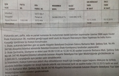 Ataşehir Atapark Rekreasyon Alanı ihalesi 22 Aralık ta!