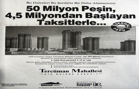 1991 yılında Tercüman Sitesi daireleri 4.5 milyondan başlayan taksitlerle!