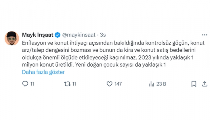 Kontrolsüz göç, konutta arz ve talep dengesini bozar; kira ve konut satış fiyatlarını yükseltir! 