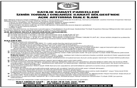 İzmir Torbalı OSB de 2 parsel açık artırmayla satışta!