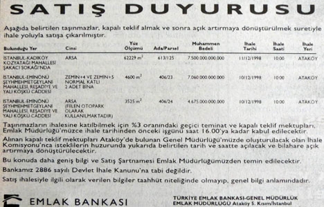 1998 yılında Kozyatağı'nda 62.229 metrekare arsa satışa çıkarılmış!