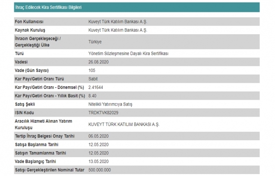 KT Varlık Kiralama 500 milyon TL kira sertifikası sattı!