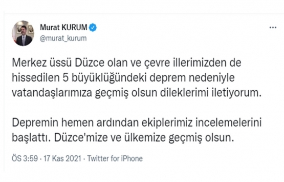 Murat Kurum dan Düzce depremi açıklaması!