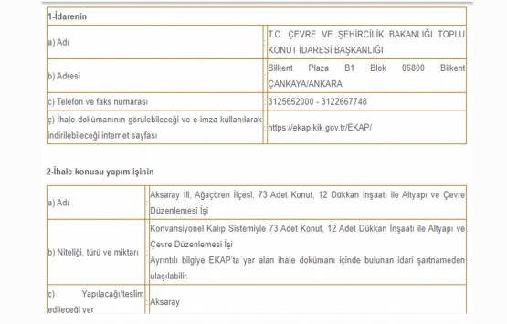 TOKİ den Aksaray da 73 adet konut ve 12 dükkan yapım işi ihalesi!