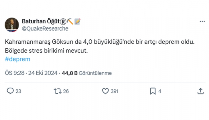 Deprem araştırmacısı Baturhan Öğüt ten Kahramanmaraş uyarısı: Stres birikimi var, 6 büyüklüğünde deprem...