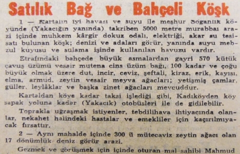 1954 yılında Kartal'da 5.000 metre arazi içinde bir köşk satılacakmış!