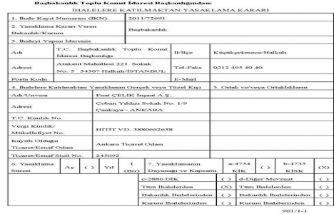 TOKİ den Fuat Çelik İnşaat a 1 yıl ihale yasağı!