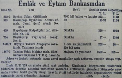 1939 yılında Beykoz Tokat Çiftliği'nde 7.000 metrekare bahçe 212 liraya kiraya verilecekmiş!