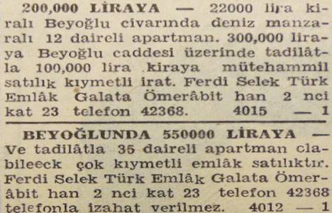 1945 yılında Beyoğlu'nda 35 daireli bir apartman 550 bin liraya satılacakmış!