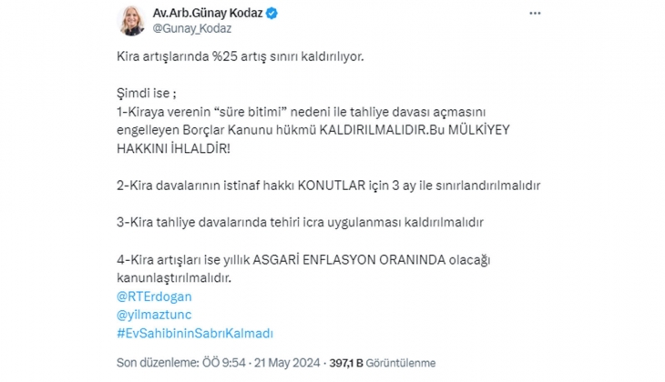 Yüzde 25 zam sınırı kaldırılınca ne olacak? Kira artışları yıllık asgari enflasyon oranında olması kanunlaştırılmalı!