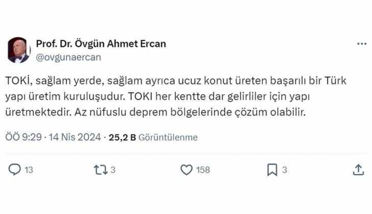 Prof. Dr. Övgün Ahmet Ercan: TOKİ konutları az nüfuslu deprem bölgelerinde çözüm olabilir!
