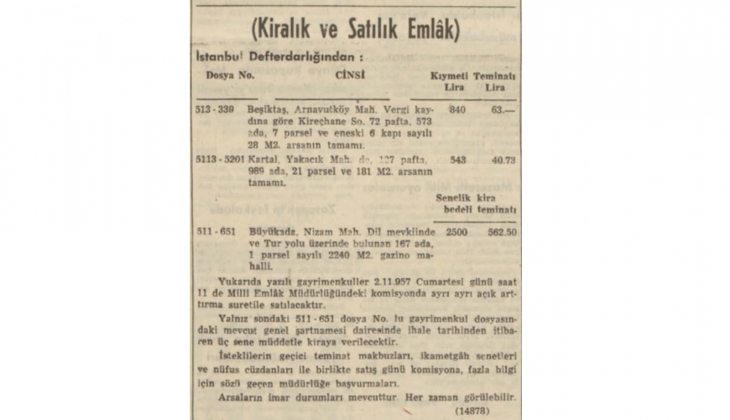 1957 yılında Beşiktaş, Arnavutköy Mahallesi ndeki arsa 840 liraya satılık!