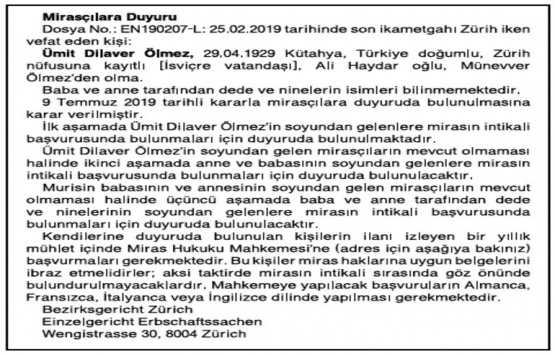 İsviçre Konfederasyonu Ümit Dilaver Ölmez’in mirasçılarını arıyor!