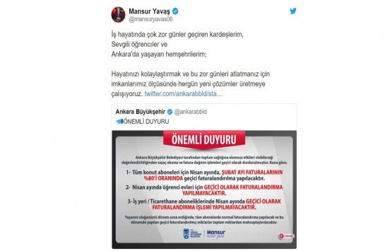 Ankara da öğrenci evleri ve iş yerlerine Nisan ayında fatura yansıtılmayacak!