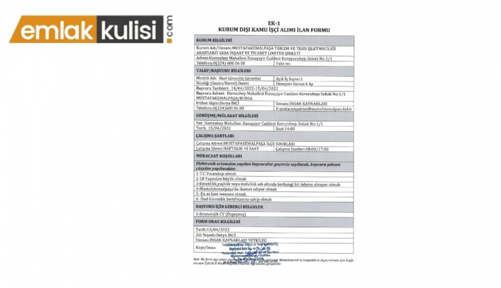 Bursa Mustafa Kemal Paşa Temizlik işçi alıyor