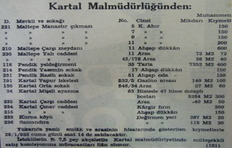 1938 yılında Pendik'te 7.352 metrekare tarla 400 liraya Kartal'da 5.284 metrekare bostan 300 liraya satılacakmış!