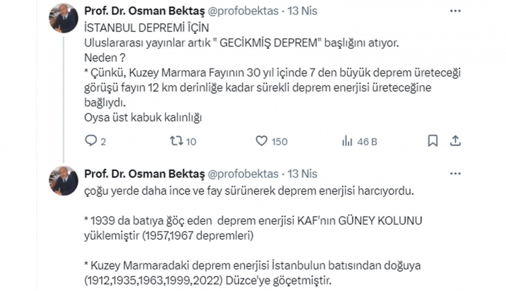 Prof. Dr. Osman Bektaş tan İstanbul depremi açıklaması: Kuzey Marmara daki deprem enerjisi Düzce ye göç etti!