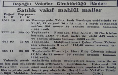 1936 yılında Tarlabaşı'nda bir arsa 1.081 liraya satılıkken Tophane'de bir arsa 3.277 liraya satılacakmış!