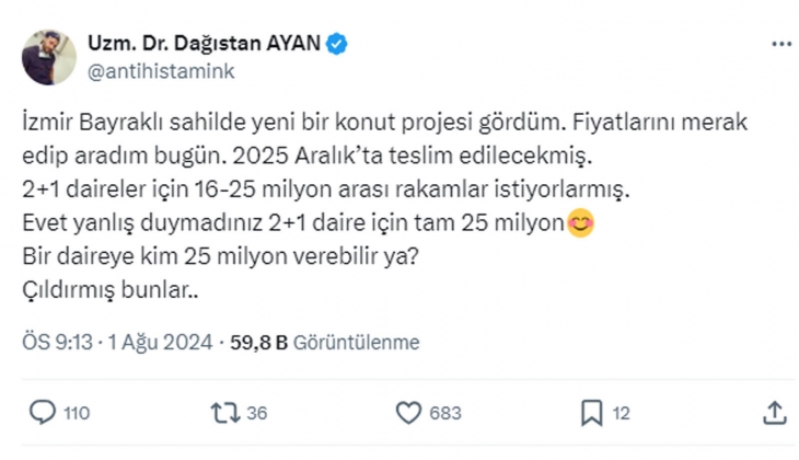 İzmir de yeni konut projesinde 2+1 evlerin fiyatları 16-25 milyon TL arasında! Bu rakamı kim verebilir? 
