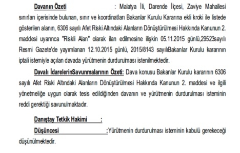 Malatya Darende deki riskli alan kararına yürütmeyi durdurma!