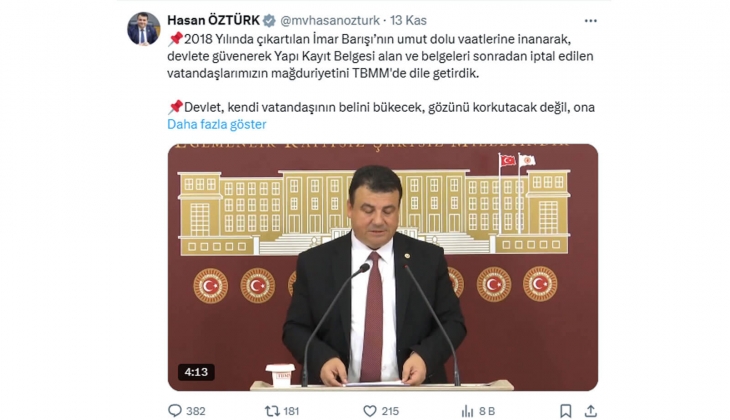 Milletvekili Hasan Öztürk: Yapı kayıt belgeleri sonradan iptal edilenlerin mağduriyeti en kısa sürede çözülmeli!