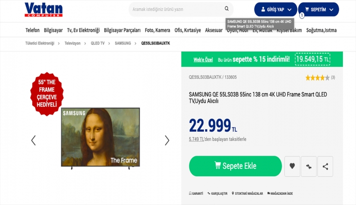 Vatan Bilgisayar da Samsung televizyonlar yüzde 15 indirimli! İşte 26 Eylül 2022 Vatan Bilgisayar fiyat listesi