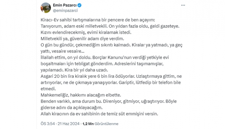 Gazeteci Emin Pazarcı dan yüzde 25 tepkisi: 20 bin TL lik eve 6 bin TL kira ödüyorlar!