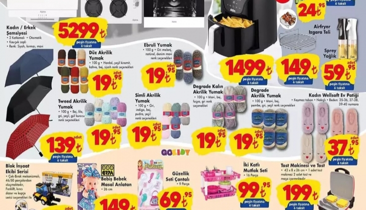ŞOK’ta iğneden ipliğe indirim! Şemsiye 139 TL’ye, UFO ısıtıcı 2 bin 399 TL’ye, aifryer 1.499 TL’ye düştü!