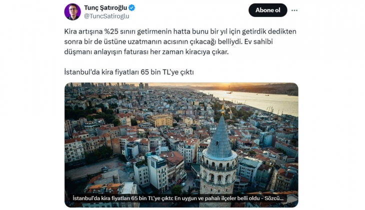 Kira zammında yüzde 25 sınırlamasının acısı çıktı! İstanbul da kiralar 65 bin TL oldu, fatura kiracıya kesildi! 