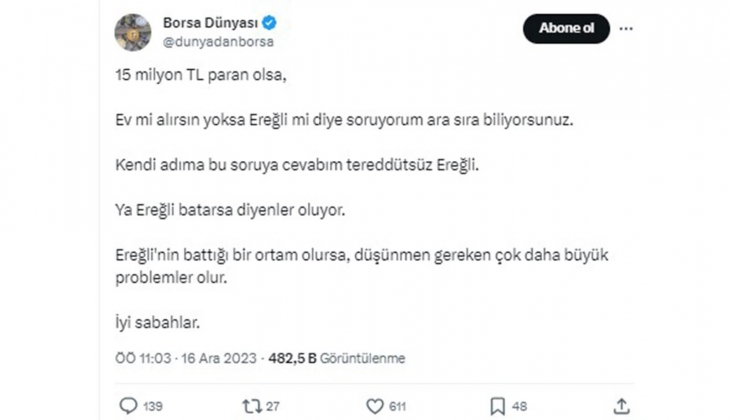 15 milyon TL si olan ev mi, Ereğli hissesi mi almalı?