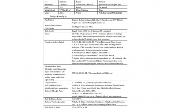 Sarıyer de 137 milyon TL bedelle yapım karşılığı kiralama ihalesi!