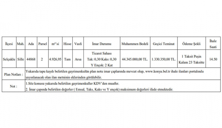 O ilde tam 24 taksitle KDV den muaf imarlı arsa satılacak!