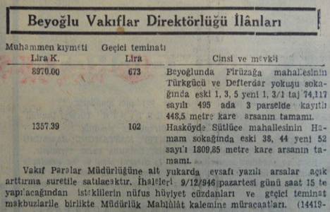 1946 yılında Sütlüce'de 1.809 metrekare arsa 1.357 liraya satılacakmış!