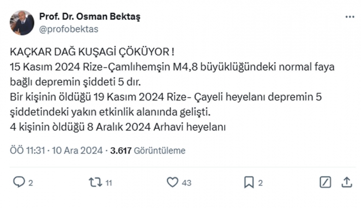 Karadeniz de depremler durmuyor! Prof. Dr. Osman Bektaş: Kaçkar Dağ Kuşağı, Karadeniz tarafına doğru çöküyor!