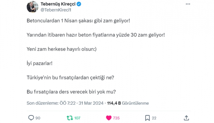 Hazır betona yarından itibaren yüzde 30 zam geliyor: Betonculardan 1 Nisan şakası gibi zam!