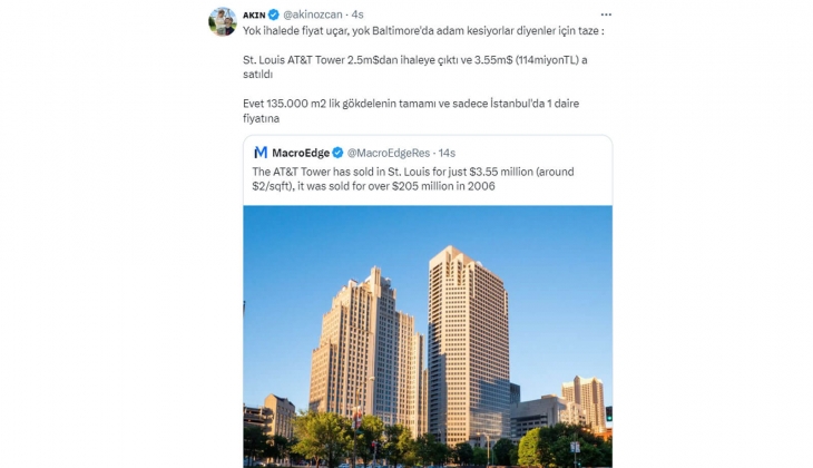 İstanbul daki 1 ev fiyatına, Baltimore da 135 bin metrekarelik gökdelen alınıyor! 