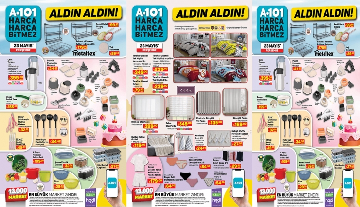 A101 23 Mayıs 2024 aktüel kataloğu! A101'de perde, nevresim seti, bileklik, sosluk tava ve termos indirimde!