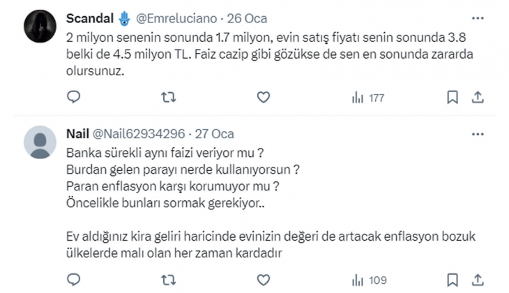 2 milyon TL paranız olsa 15 bin TL kira getirili ev mi alırsınız, aylık 60 bin TL getirili faize mi yatırırsınız?