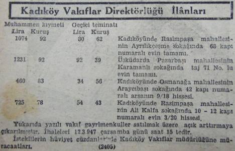1947 yılında Kadıköy Rasimpaşa'da bir ev 1.074 liraya satılacakmış!