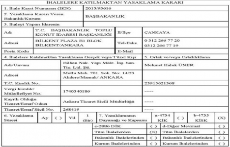TOKİ den Bilhan İnşaat a 1 yıl ihale yasağı!