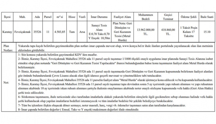 Belediye o ilde 18 taksitle KDV den muaf imarlı arsa satacak!