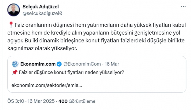 Faizler düşünce konut fiyatları kaçınılmaz olarak artıyor! İşte nedeni... 