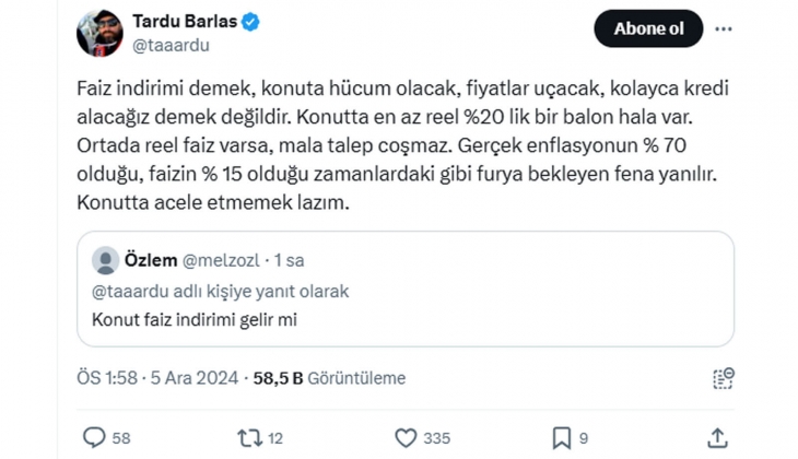 Konutta en az reel yüzde 20 lik bir balon hala var: Acele etmemek lazım!