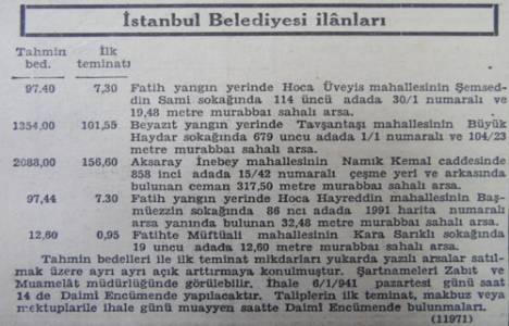 1940 yılında Aksaray Namık Kemal Caddesi'nde 317 metrekare arsa 2.088 liraya satılacakmış!