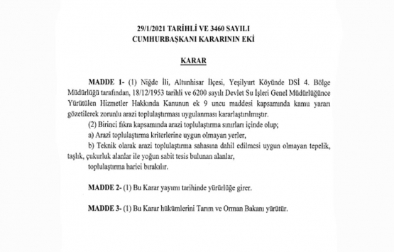 Niğde Yeşilyurt Köyünde Arazi Toplulaştırması ve Tarla İçi Geliştirme Hizmetleri Yapılmasına İlişkin Karar!