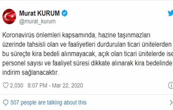 Hazine taşınmazları üzerinde tahsisli ve faaliyetleri durdurulan ticari ünitelerden kira alınmayacak!