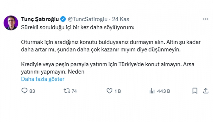 Ekonomist Tunç Şatıroğlu: Oturmak için ev bulduysanız durmayın alın, ticari gayrimenkulde seçici olun!