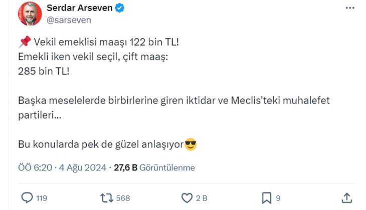 Vekil emeklisi maaşı 122 bin, emekliyken vekil seçilenin maaşı 285 bin TL!
